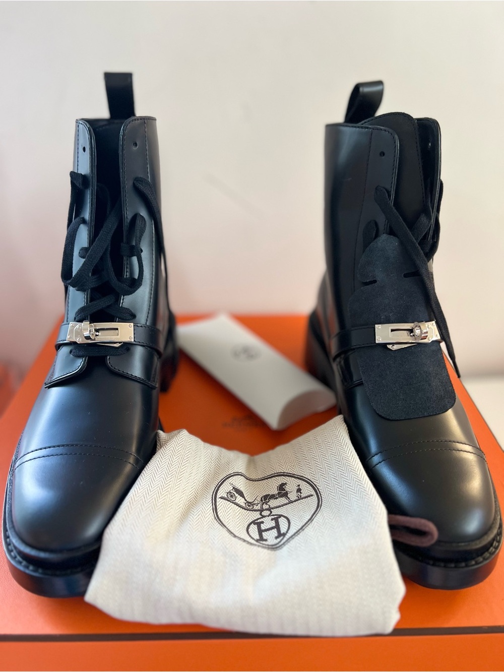 Hermes Kelly Black Leather women Lace-Up funk Boots with Silver Buckle